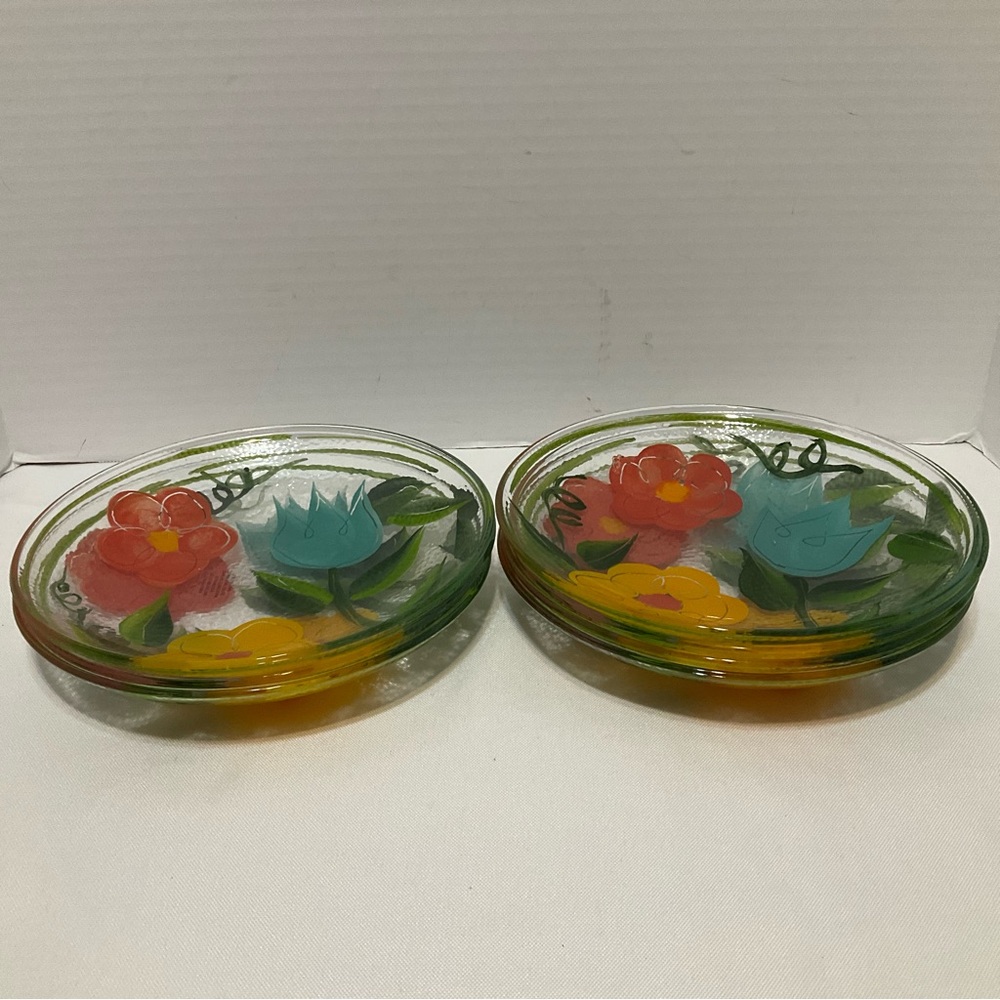 Vintage Reverse Hand-Painted Flowers Textured Glass Plate Made in Italy 8 Inch - Picture 4 of 6
